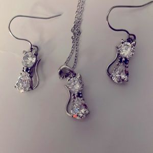 Sterling silver CZ cat earrings & necklace set